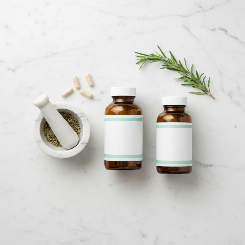 Natural supplement bottles and herbal capsules on white marble surface